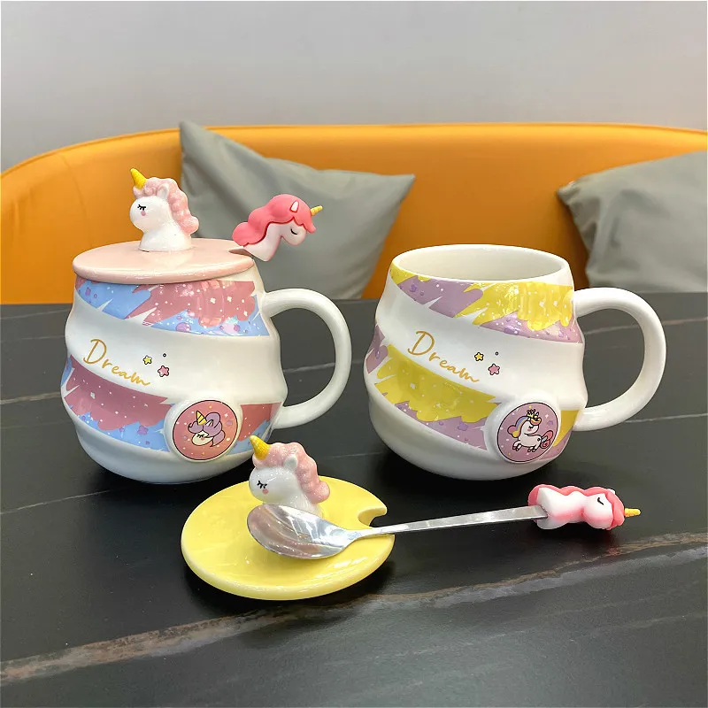 Cute 3D Unicorn Ceramic Mug With Lids Spoon Coffee Cups Lovely Mug