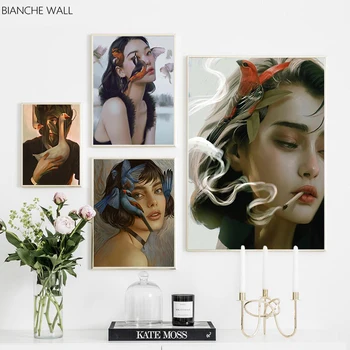 

Bird Melancholy Woman Art Abstract Canvas Painting Wall Print Poster Picture Decorative Painting Living Room Home Decoration