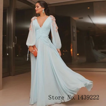 

Light Blue Chiffon Evening Gowns V Neck Flowers Pleat Formal Celebrity Dresses Robe De Soiree Evening Dress