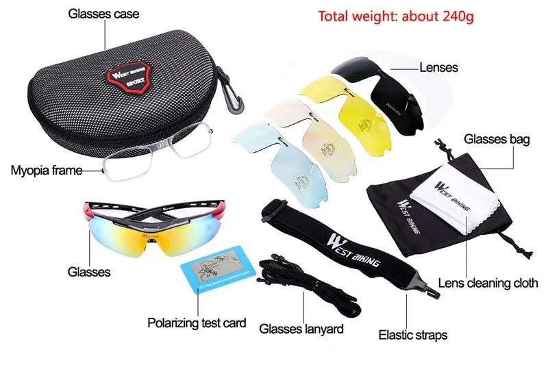 WEST BIKING Cycling Glasses Polarized Bike Bicycle Sunglasses 5 Lens Windproof Anti-fog With Mypia Frame Sport MTB Bike Glasses