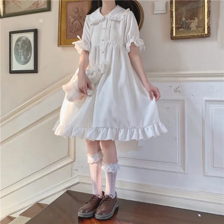 QWEEK White Kawaii Lolita Dress For Girls Soft Princess Fairy Peter Pan Collar Dress Japanese Style Cute Puff Sleeve Party Dress plus size dresses