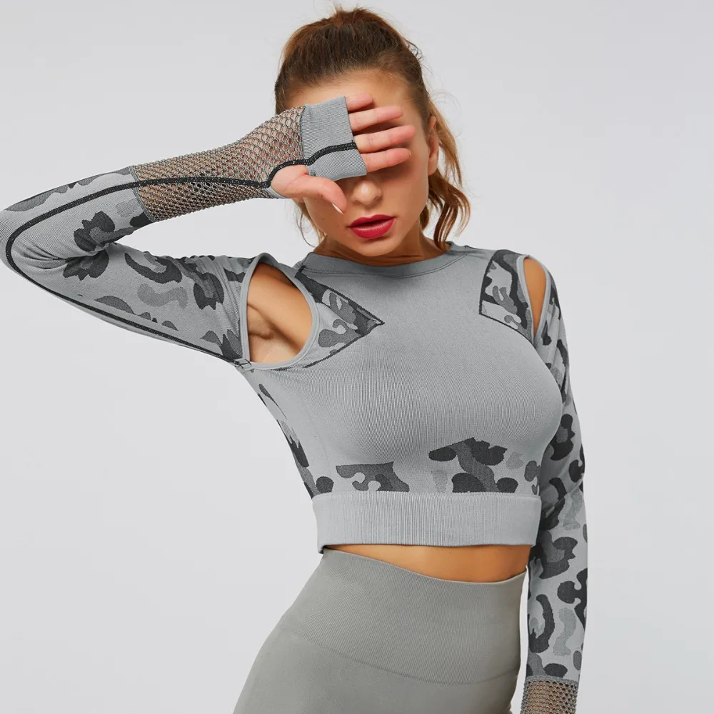 NCLAGEN Sexy Hollow Out Camouflage Yogaings T Shirt Women Patchwork Quick Dry Nylon Cropped Tops Activewear Camo Tee Shirts