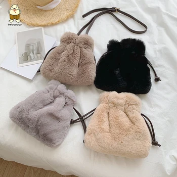 

Beibaobao 2019 Autumn Best Selling Solid Color Fur Bucket Bag Ladies Shoulder Diagonal Bag Women's Handbag Best Gift for Self