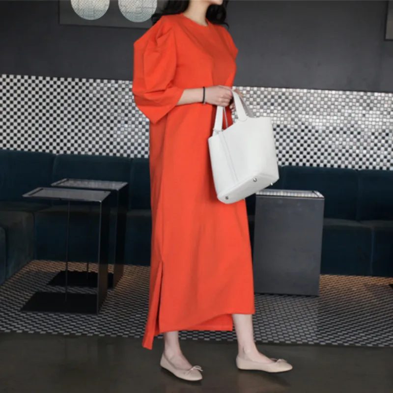 LANMREM Spring New Casual Fashion Temperament Women Loose Plus Solid Color Split Round Neck Sleeve Dress TC655