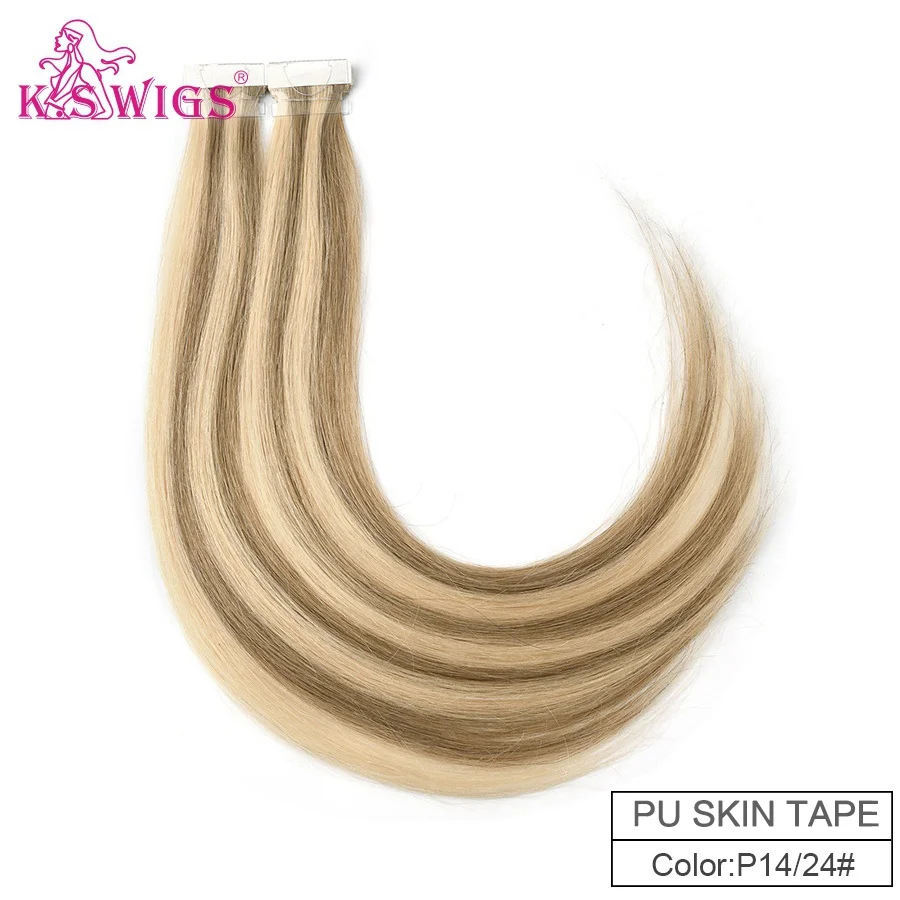P14/24 # K.S парики 1" 20" 2" Remy, завязанные вручную ленты, искусственная кожа, уток волос, прямые, двойные, нарисованные, невидимые, бесшовные, клейкие волосы для наращивания - Цвет: P14/24 #