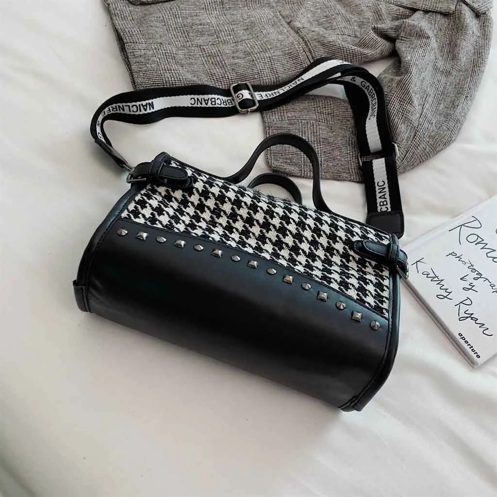 Модная дамская сумка в черно-белую клетку с рисунком «гусиная лапка», сумка через плечо, вместительная сумка с вставкой из шерсти, Повседневная трендовая сумка