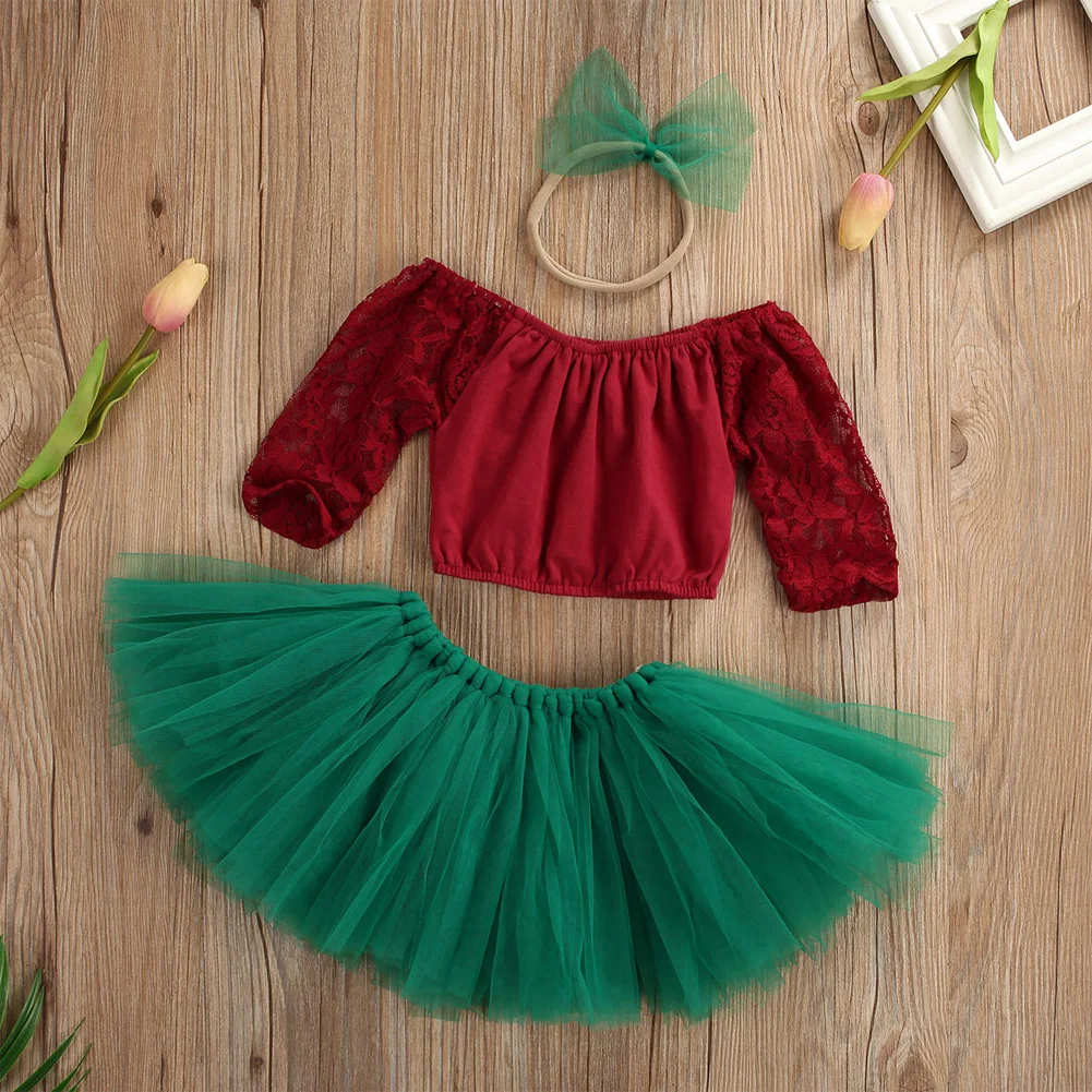 Fashion Girl Baby Long Sleeve Off Shoulder Tops+Tutu Mesh Fluffy Pettiskirt Skirt+Headband Party Princess Dancewear 3PCS Set