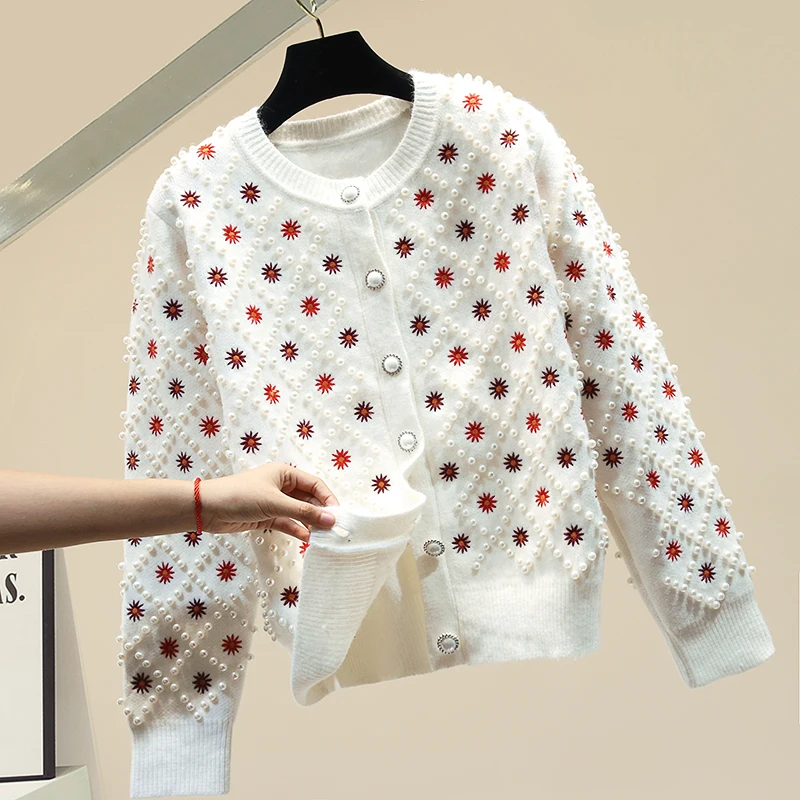 

Handmade Beaded Autumn Sweater 2020 New Women's Flower Embroidery Knitted Cardigan Jacket Female Loose Knitwear Lady Chic Top