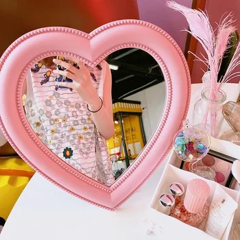 

HD Cute pink Heart-shaped Dual Use Wall Mount Makeup Mirror Portable Desktop Plastic Vanity Mirror Make Up Tool