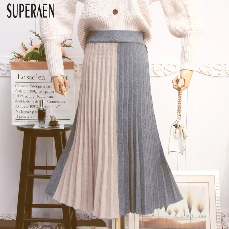 SuperAen, вязаная плиссированная юбка для женщин, осень и весна, новинка, повседневные женские юбки, сплошной цвет, корейский стиль, юбки для женщин