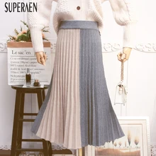 SuperAen, вязаная плиссированная юбка для женщин, осень и весна, новинка, повседневные женские юбки, сплошной цвет, корейский стиль, юбки для женщин