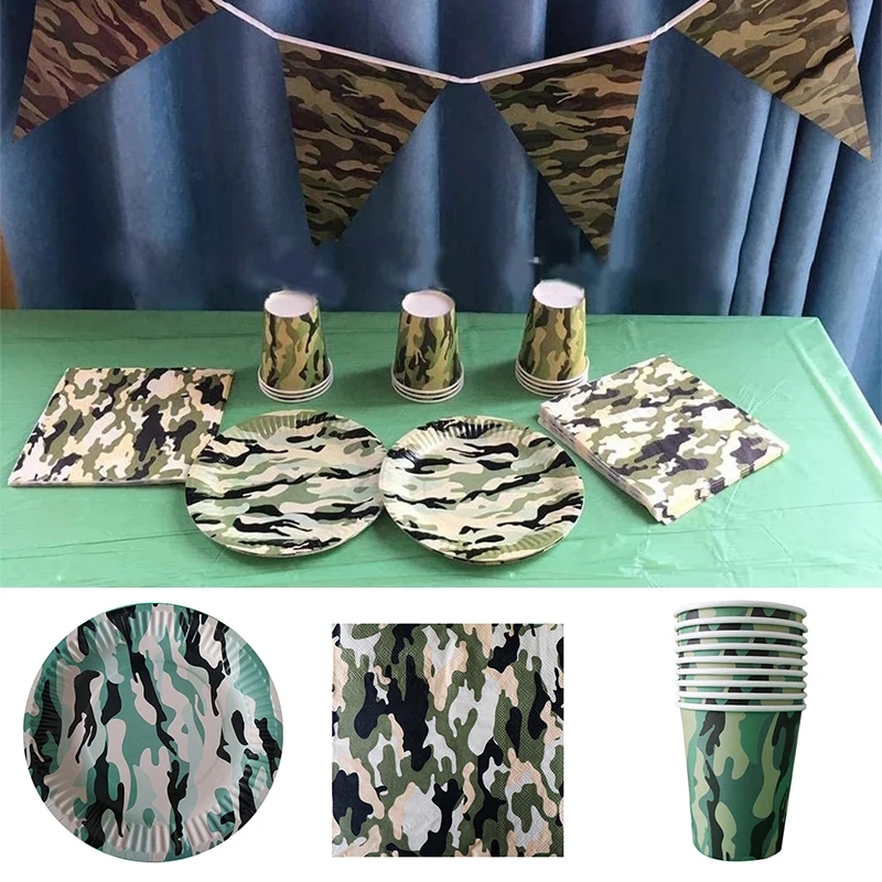 Ensemble de vaisselle jetable de Camouflage assiettes gobelets et  serviettes en papier vert militaire fournitures décoratives pour fête d  39;anniversaire