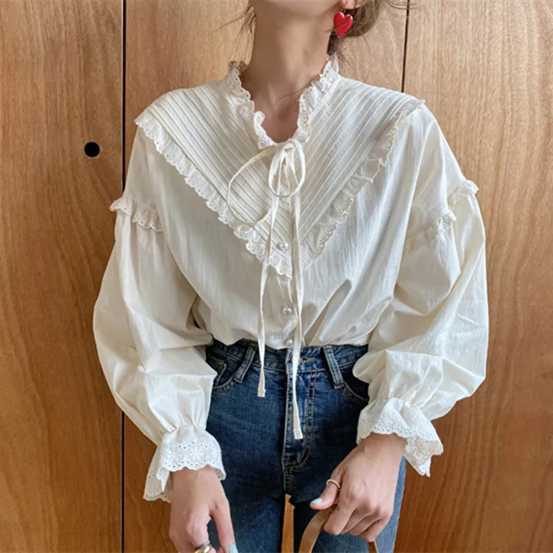Alien Kitty 2021 New Arrival Hollow Out Vintage Elegant Tops Women Shirt Solid Long Sleeve Korean Style Loose Blouses Blusas