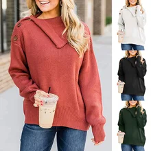 

Side Lapel Pullover long sleeve Sweater women's new autumn winter 2021 ladies casual shoulder button sweater