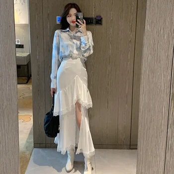 

Fashion satin tie-dye long-sleeved shirt + sexy white split irregular mid-length skirt