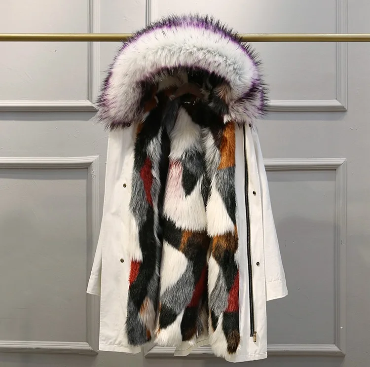 White multicolored UHYTGF Parker женская имитация лисьего меха лайнер зимнее пальто с капюшоном Повседневная Теплая Куртка Свободная холодная стойкость плюс размер пальто 386 - Цвет: White multicolored