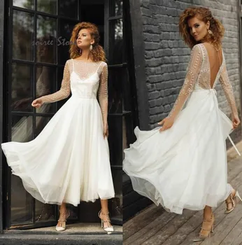 

Elegant Short Wedding Dresses Cheap Long Sleeves Lace Boho Wedding Dress Mid Length A Line Tulle Country Garden Wedding Bridal