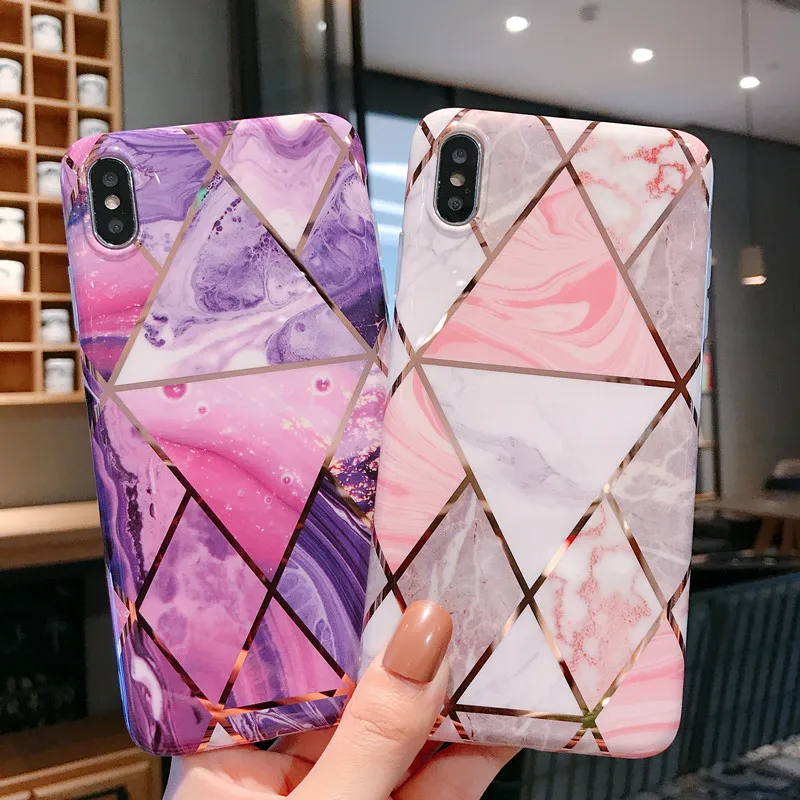 Geometric Marble Diamond Phone Case for iPhone XR X 10 XS Max 6 6S 7 8Plus 11 Plating Strip Soft Silicone Cover Coque |