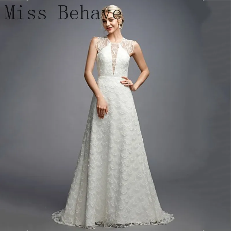 

DD JYOY Simple Design Lace Wedding Dress A Line Sexy Open Back Illusion V Neck Wedding Gown Bridal Dress with Train