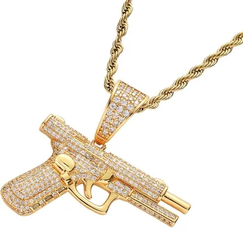 

Hip Hop Rock Iced Out Gun Pendant Necklace Rapper Rope Chain Necklace Jewelry