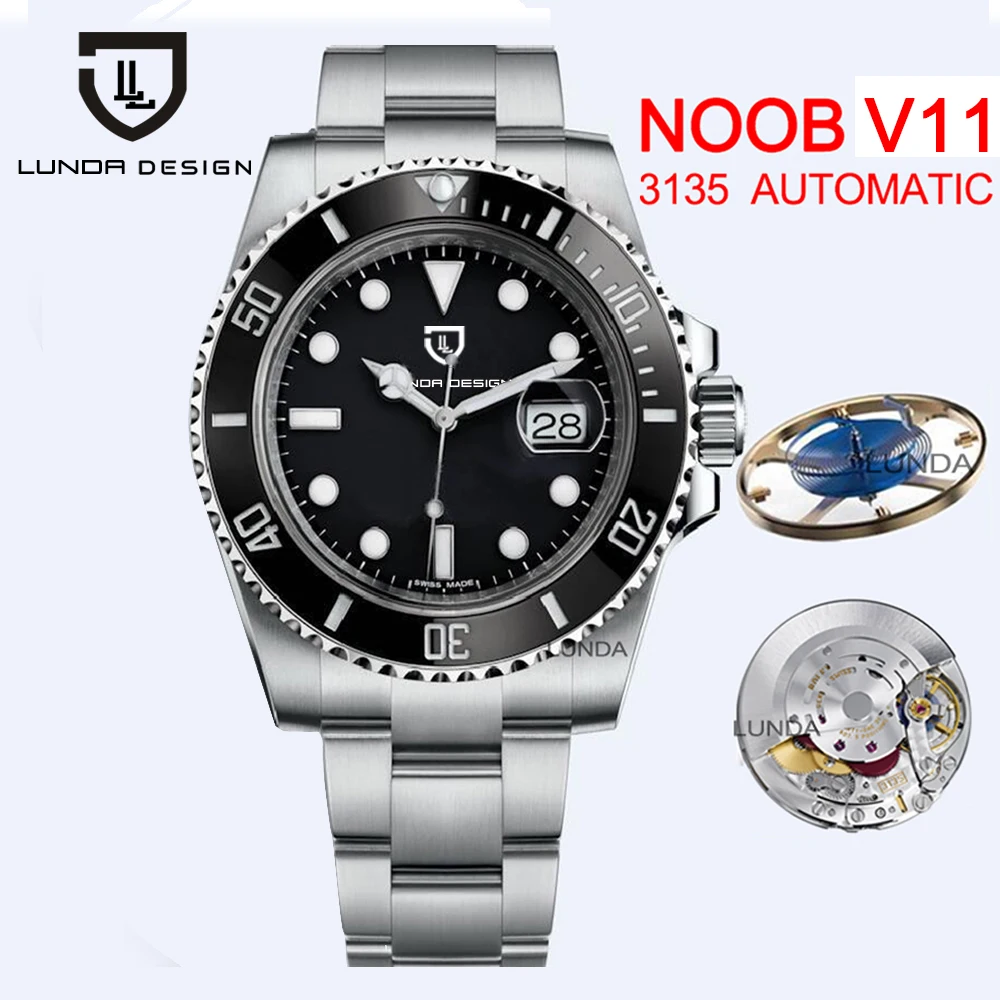 

LUNDA Design Men's Mechanical Watch Noob Factory V11 Date black Dial SA3135 Movement waterproof 904L fine steel case Sapphire