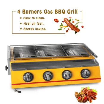

Gas BBQ Grill 4 Burners Smokeless Propane Roast Infrared Heating Stainless Steel Glass Cover Outdoor Garden Barbecue Tools