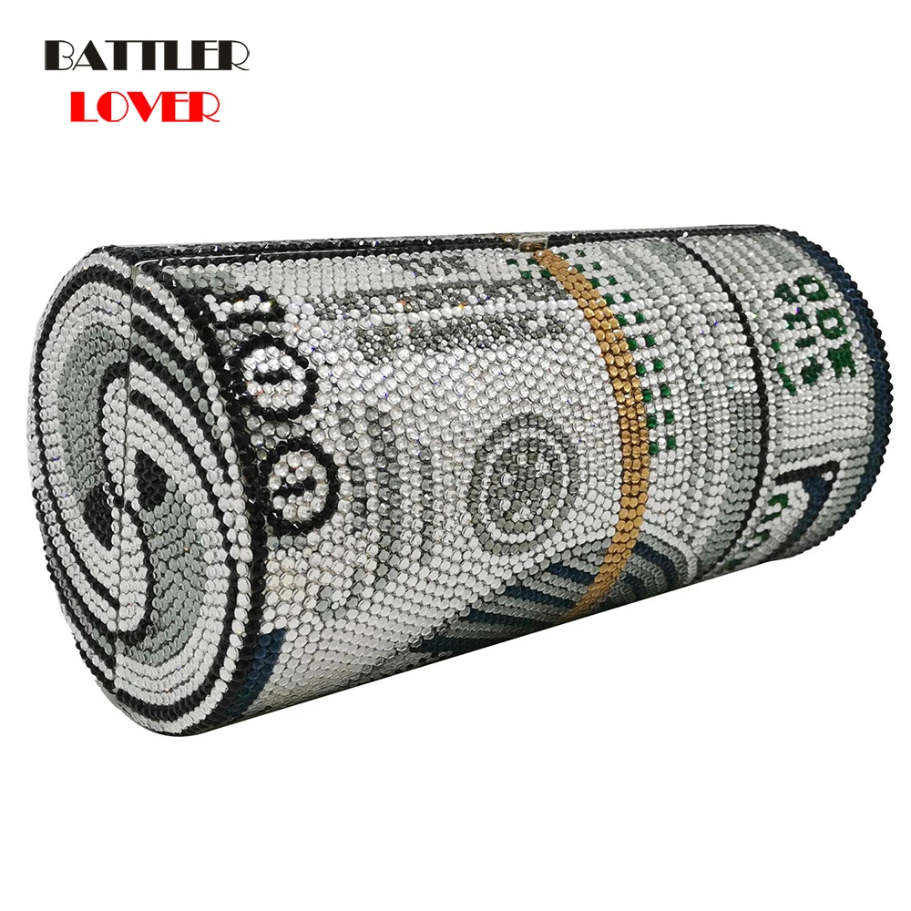Novelty Round Barrel of Cash Money Bags Women Crystal Clutch Evening Purses and Handbags Party Dinner Minaudiere Shoulder Bags