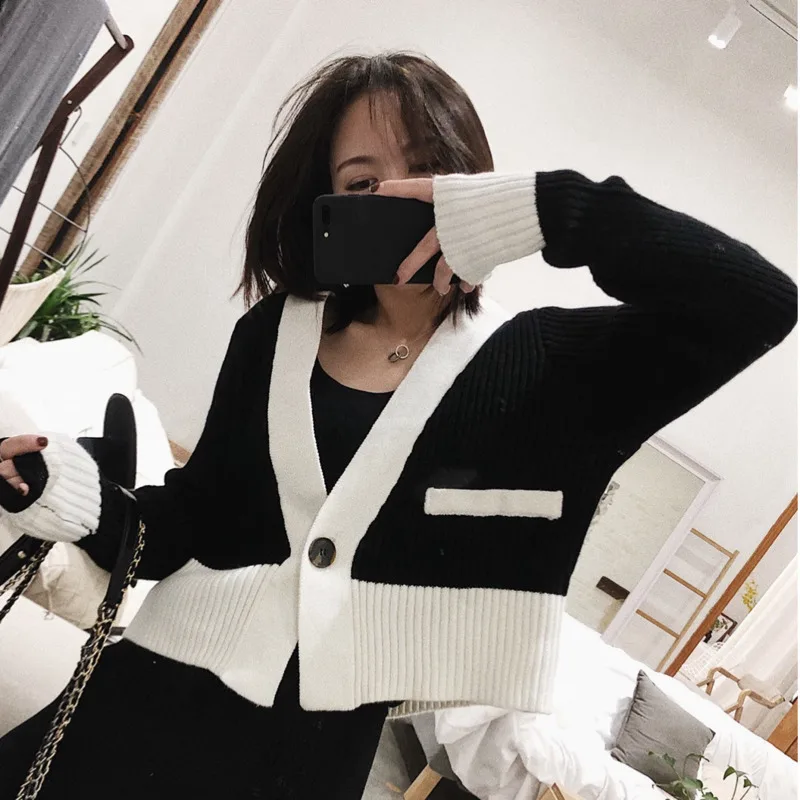 

[EWQ] 2019 Spring Autumn High Qualit V-collar Long Sleeve Single Button Hit Colors Sweater Women Fashion Tide AH47309