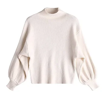 

Sweater Women 2019 Korea Fashion Loose Bat Sweater Solid Color High Neck Bubble Sleeve Turtleneck Sweater