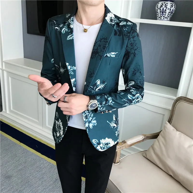 Блейзер с цветочным принтом мужской блейзер Terno Masculino Slim Fit весенние стильные блейзеры мужские костюмы Para Hombre один пиджак на пуговицах