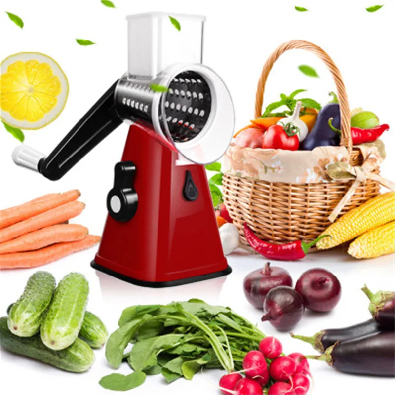 Multi-function Food Slicer Manual Hand Speedy Safe Vegetables Chopper Cutter with 3 Cylindrical Stainless Steel Blades