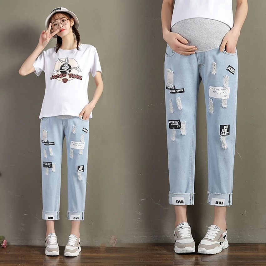 Новые летние корейские джинсовые укороченные штаны с дырками для беременных женщин, модные штаны с буквенным принтом для поддержки живота