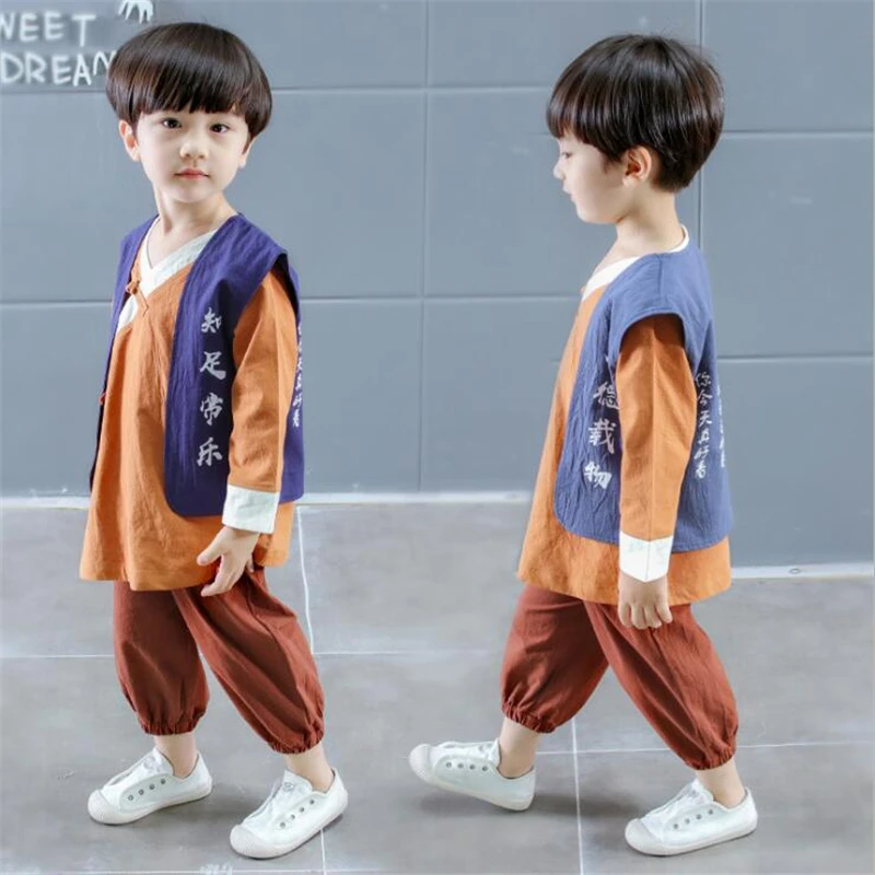 Vintage chinese national costume for kids 3 pieces baby hanfu boy outfit tang dynasty clothing kung