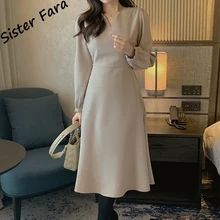 

Sister Fara Long Elegant V-Neck Dresses for Women's Spring High Waist Pullover Casual Dress Autumn Ladies Puff Sleeve Mid Dress
