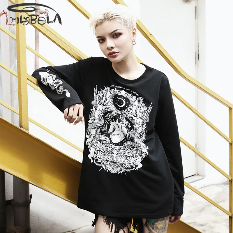Online ImilyBela sudadera gótica Casual mujer manga larga cuello redondo estampado negro largo jerseys otoño moda suelta ropa de calle de gran tamaño