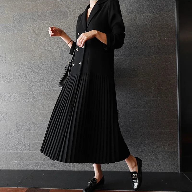 

2018 Autumn New Style Suit Dress Women's Korean-style Pleated Double Breasted Chiffon Joint College Style Dress
