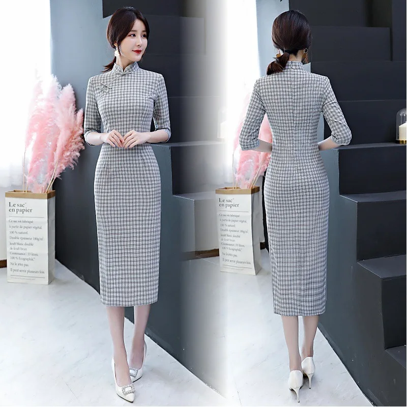 

2020 Rushed Vestido De Debutante Cheongsam Autumn New Feminine Standing Collar Plaid Medium Length Slim Waist Flag Cotton Dress