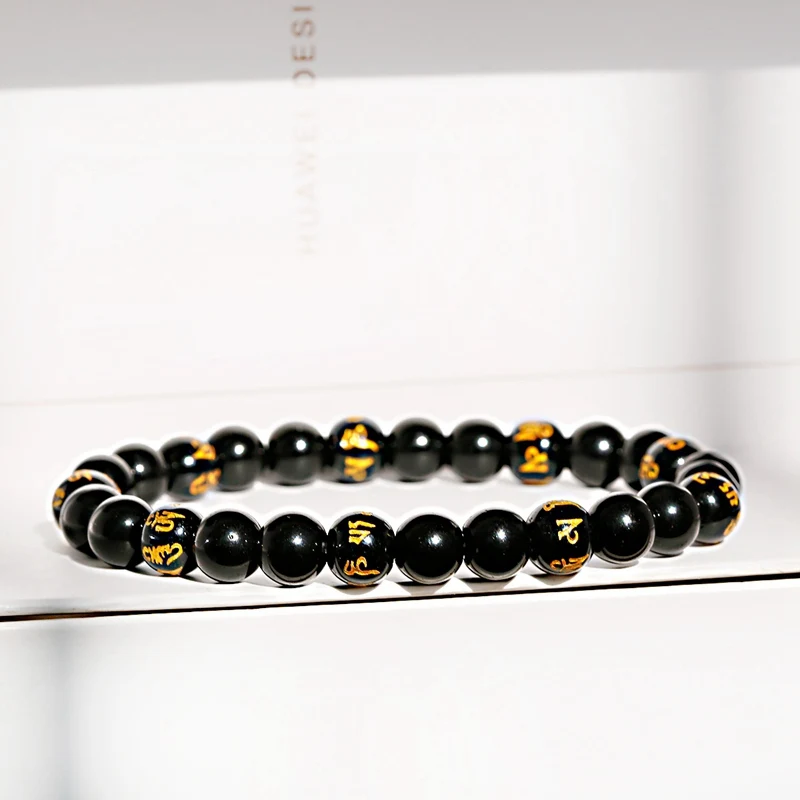 Charm Buddhism OM Rune Beaded Bracelet Homme Men Elastic Bright Black Stone Wood Chakra Bracelets Erkek Bileklik | Украшения и
