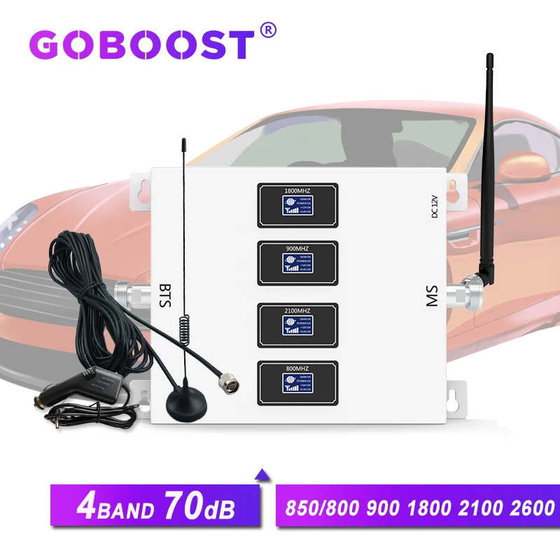 GOBOOST 70dB 4 band Car Mobile Signal Booster 4G LTE 800 GSM 900 1800