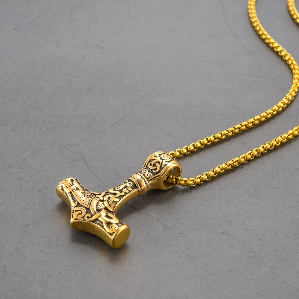 PAURO Men's Stainless Steel Viking Thors Hammer Pendant Necklace - Norse Odin Quake Design - View #12