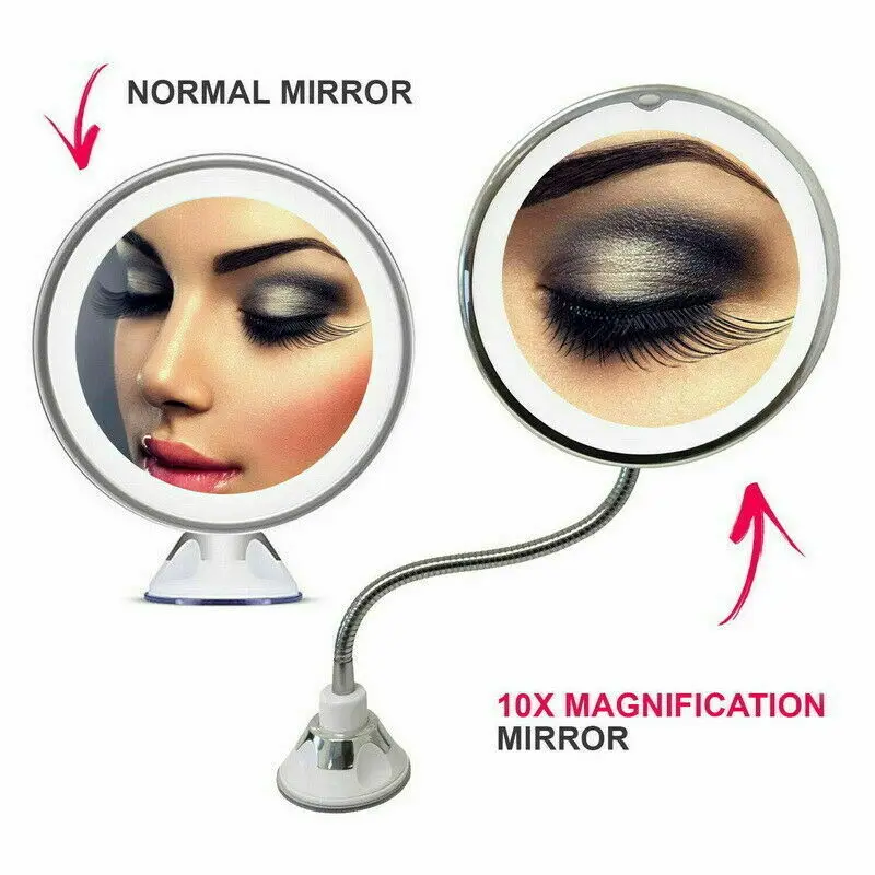 Vanity Makeup Mirror LED Light 10X Magnifying Mirror 360 Degree Rotation Flexible Suction Cup For Wall Mirror Portable Mirror