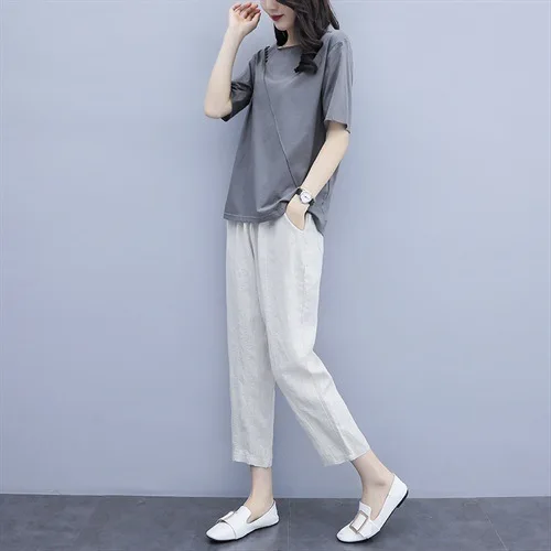 

Cotton Linen Shirt Skinny Pants WOMEN'S Suit 2019 Summer New Style Large Size Loose Fashion Tops Capri Pants Two-Piece Set