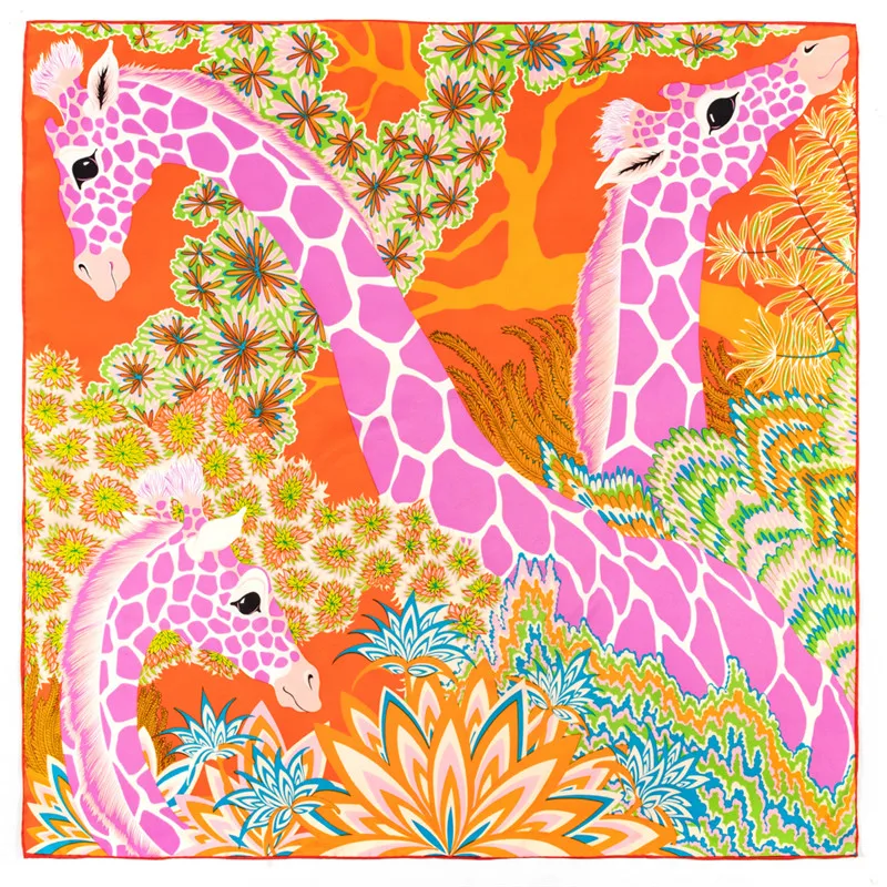 POBING Twill Seidenschal Frauen Drei Giraffen Quadratische Schals Manuelle Handgerollte Echarpes Foulards Femme Wrap Bandana Hijab 90CM