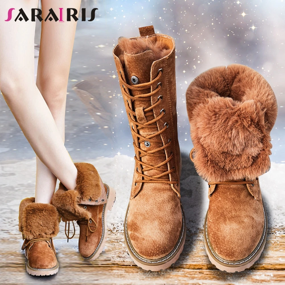 

SARAIRIS New Winter Warm Plush Booties Ladies Genuine Leather Ankle Snow Boots Women 2019 non-slip Low Heels Shoes Woman