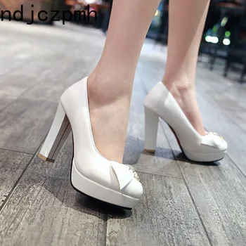 

Pumps Lady Spring and Autumn Fashion Round Head Bow Sexy Tassel Crystal High Heel Women Shoes Plus Size 32-44 White Black