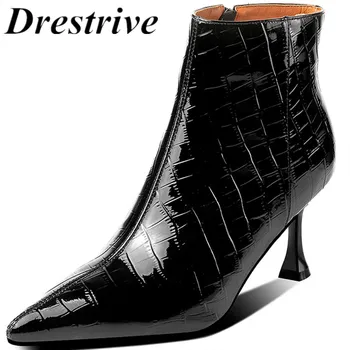 

Drestrive Full Genuine Leather Mid Thin Heel 5.5 cm Zipper Women Ankle Boots Cow Leather Embossing Ladies Winter Shoes Spring