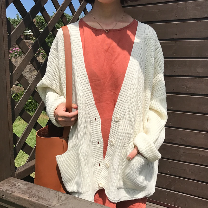 

4colors Cardigan Women 2019 preppy style Loose Knit Sweater Women Casual pocket v neck Oversized Jacket Coat Autumn (X640)
