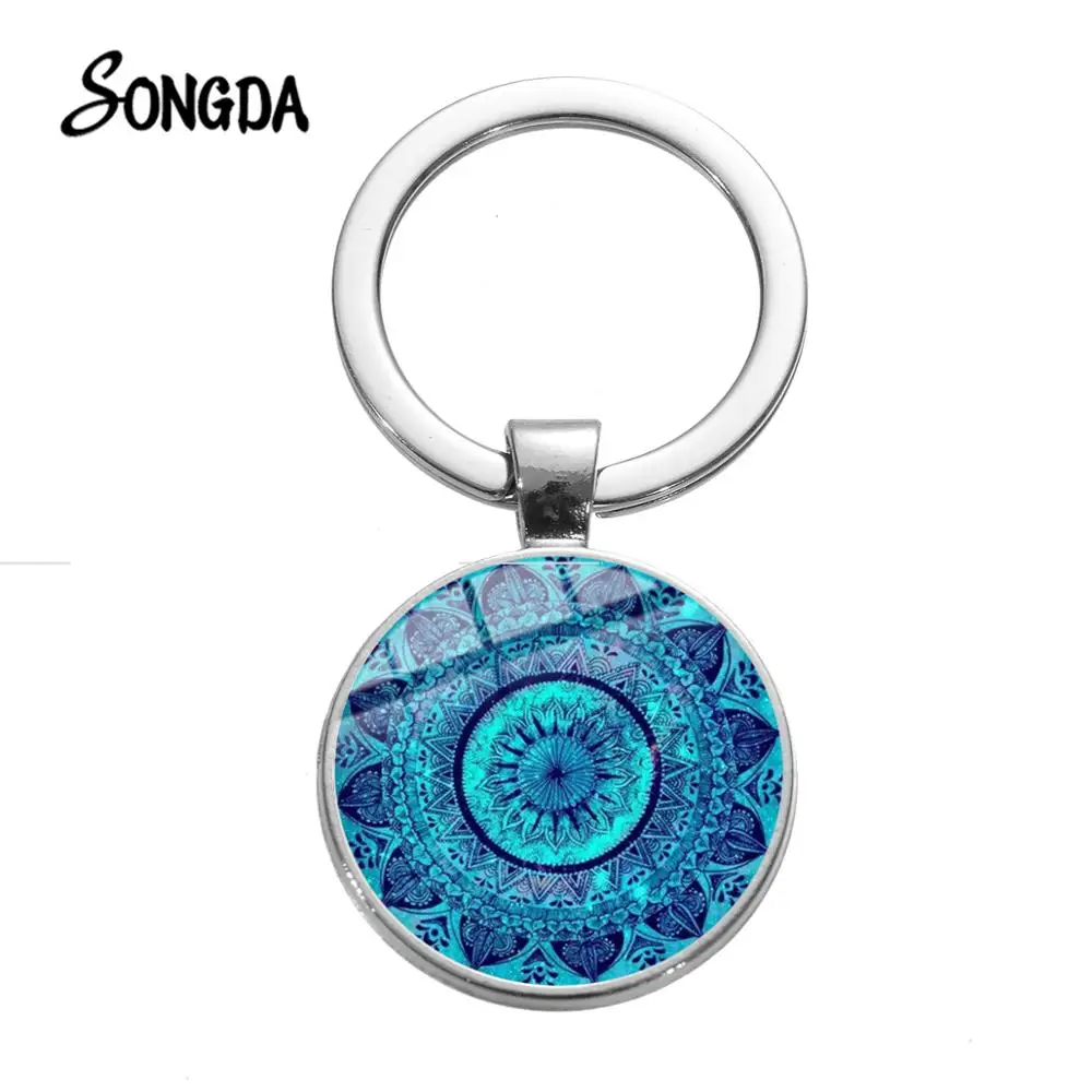 

SONGDA Blue Mandala Flower of Life Keychain Lotus Art Pattern Yoga Om Budddhist Sacred Geometry Key Chains Glass Bag Car Trinket