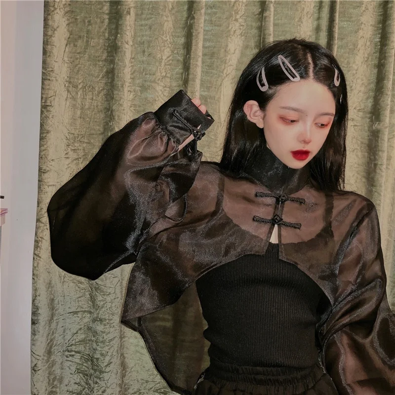 Women Chinese Shirt Chinese Style Clothing Women Fashion Mesh Transparent Tang Suit White See Through Asymmetric Shirt Cheongsam Top 10464 women cheongsam waistcoat