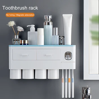 

Auto Toothpaste Dispenser Toothbrush Holder Set With 2/3/4 Cups For Bathroom Accessories Home Wall Mount Toothpaste Squeezer